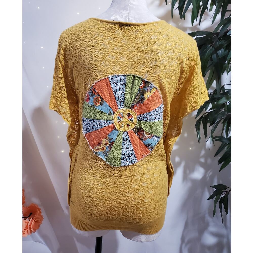 Vtg Handmade Patchwork Peace Sign Crochet Long Batwing Top Size M The Limited